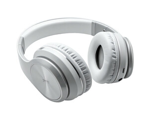 Sleek, white, over-ear headphones angled slightly, against a black background