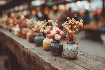 Row of small ceramic vases filled with colorful dried flowers is displayed on rustic wooden table at outdoor market, creating charming and cozy atmosphere
