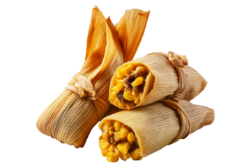 Peru Corn tamales with meat filling and steamed vegetables, wrapped in corn husks, isolated on white transparent background, concept of traditional cuisine