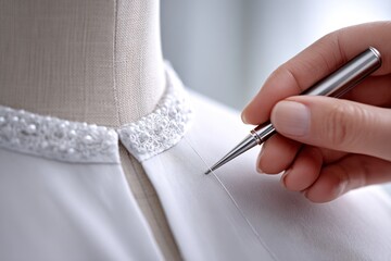 close-up of a seamstress carefully pinning fabric on a mannequin stitching and preparing clothing in a fashion workspace