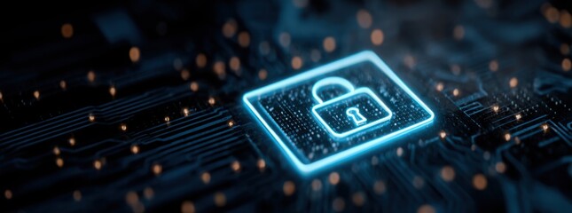 digital padlock icon on a blue digital circuit board background, representing the concept of data security protection and cyber security technology.
