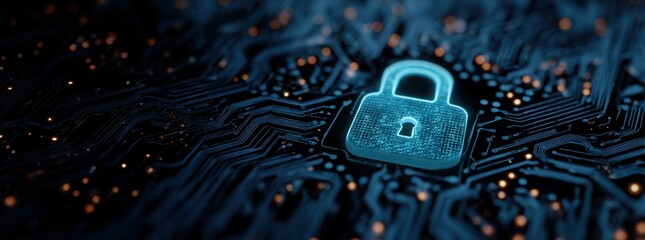 digital padlock icon on a blue digital circuit board background, representing the concept of data security protection and cyber security technology.