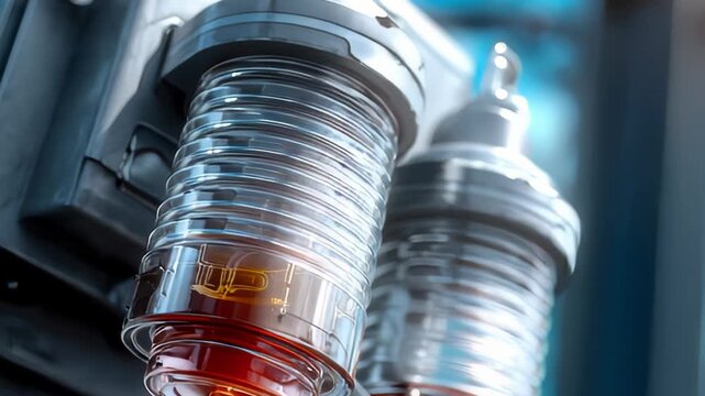 Industrial transformer substation detail with glass insulators and sunlight
