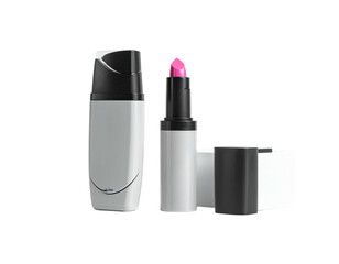 Cosmetics A pink lipstick and a container on a black background