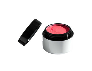 Open container of vibrant pink cosmetic product with a detached black lid