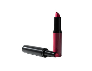 Two lipsticks, one standing upright, the other lying down, against a black background