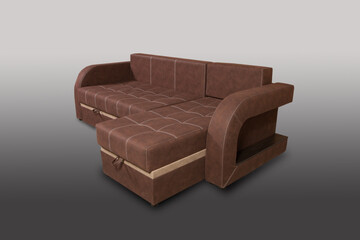 Isolated sofa bed with fabric upholstery on grey gradient background.