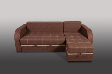 Isolated sofa bed with fabric upholstery on grey gradient background.