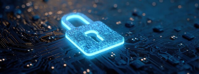 digital padlock icon on a blue digital circuit board background, representing the concept of data security protection and cyber security technology.