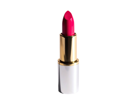 A vibrant, open lipstick with bright fuchsia shade and gold and white casing