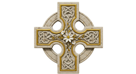 Celtic cross with flowers isolated on transparent background, ancient stone carving with knotwork...