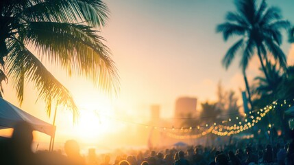 Crowd enjoying a sunset at a beach festival surrounded by palm trees