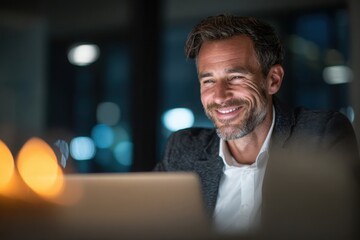 smiling young man working on a laptop in the office handsome, mature male businessman smiling while using his computer at his work desk.