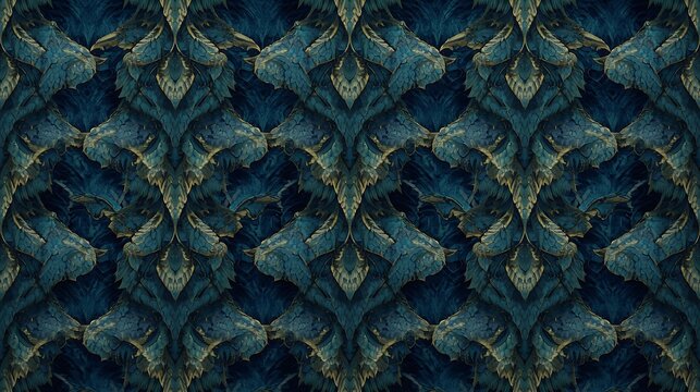 Dark symmetrical pattern with blue and green accents and textured details