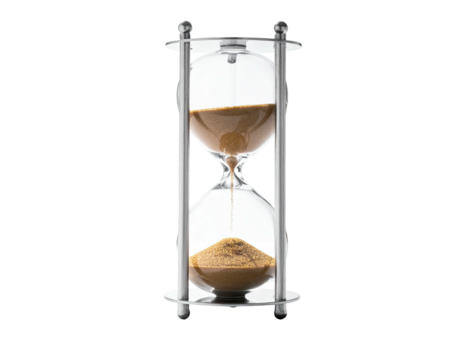 Glass hourglass with sand flowing down, isolated on a dark background