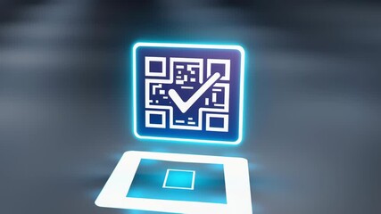 Qr code check mark scanner verification security digital glowing. futuristic neon QR code with check mark hovering above illuminated scanning pad - Powered by Adobe
