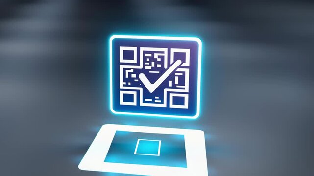 Qr code check mark scanner verification security digital glowing. futuristic neon QR code with check mark hovering above illuminated scanning pad - Powered by Adobe