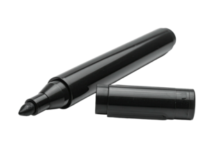 A close-up of a black permanent marker with its cap off, isolated on black