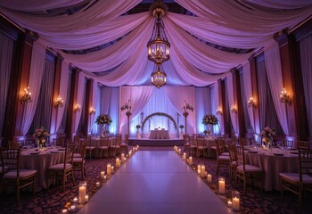 Obraz premium Elegant Wedding Reception Hall Decorated with Lavender and Pink Lighting and Candles