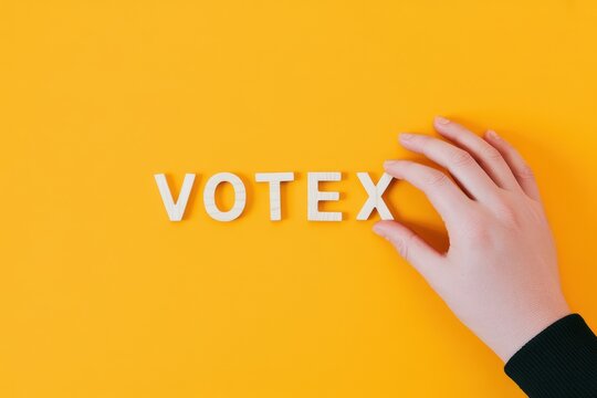 Concept of the word VOTEX with hand on a yellow background, promoting voting and elections