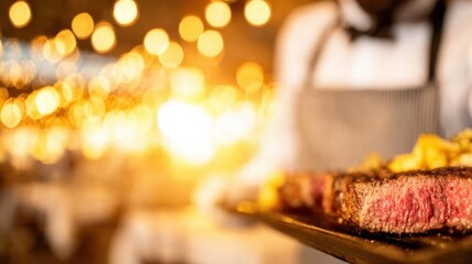 Delicious steak served by waiter in a warm, cozy restaurant atmosphere