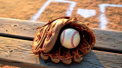 A worn baseball glove resting on a rustic wooden bench, with a baseball nestled inside - Powered by Adobe