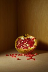 Ripe pomegranate with seeds on a wooden background., Macro Photography of Pomegranate Fruit and Juicy Seeds