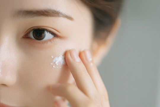 Close up of Asian woman applying facial cream to cheek smooth skin natural makeup skincare routine healthy complexion gentle touch beauty self care calm expression