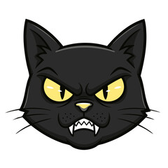 Cartoon Black Cat Head with Sharp Teeth and Piercing Yellow Eyes
