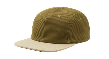 Olive green corduroy baseball cap isolated on white, stylish headwear for casual fashion and sun protection, no background