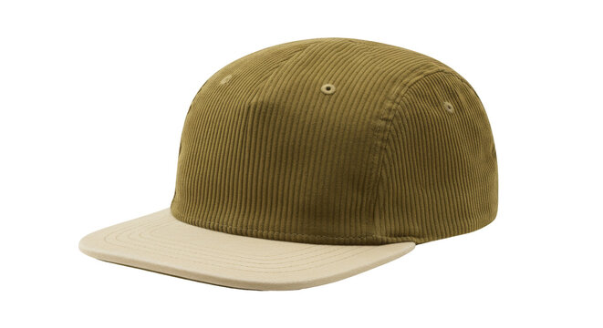 Olive green corduroy baseball cap isolated on white, stylish headwear for casual fashion and sun protection, no background