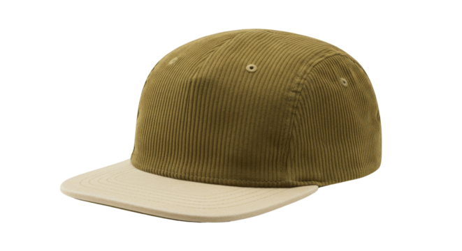 Olive green corduroy baseball cap isolated on white, stylish headwear for casual fashion and sun protection, no background