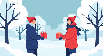 Two people exchanging gifts in a snowy winter landscape.