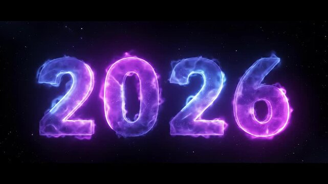 Vibrant neon energy transition of glowing 2026 numeric sequence in space