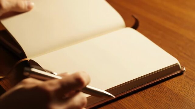 Hand turning pages of a blank journal on wooden surface, preparing to write ideas
