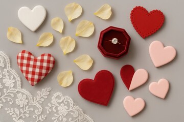 Assorted fabric hearts, ivory petals, lace and a velvet ring box on soft grey form a charming romantic flat lay ideal for engagement or Valentine&rsquo;s delight.