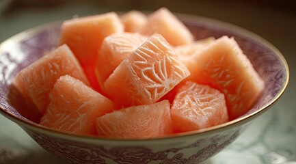 Coral-colored, patterned cubes in a bowl