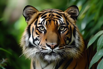 Obraz premium Sumatran Tiger Portrait Staring Ahead with Striking Orange and Black Stripes, Green Foliage