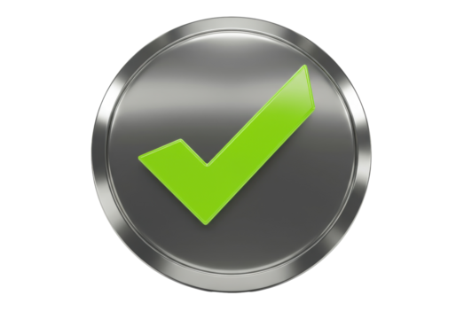 Green check mark on gray button PNG isolated, symbol of approval and success for graphic design and user interface elements