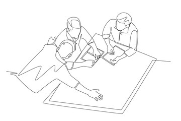 Focused team strategy session concept one-line drawing