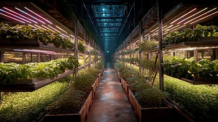 Indoor Vertical Farm with LED Grow Lights and Central Walkway in Controlled Environment
