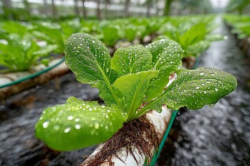 Close-Up of Leafy Greens in White Hydroponic Pipes with Exposed Roots in Indoor Farm