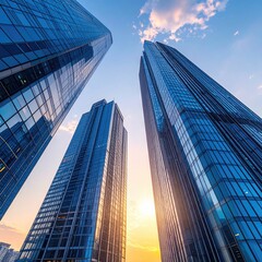 Tall skyscrapers viewed from below. Bright sunny sky