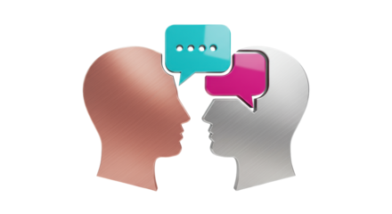 Two stylized heads with speech bubbles isolated on transparent background, communication concept for business and psychology