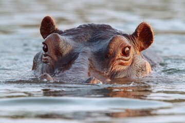Fototapeta premium Hippo Emerging from Water - A Close-Up of a Semi-Aquatic Mammal.