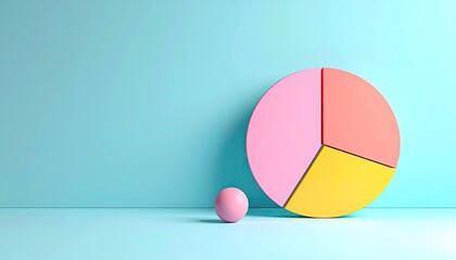 Pastel pie chart and ball against bright blue wall