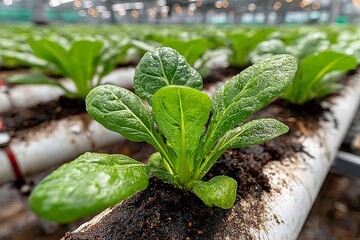Close-Up of Leafy Greens in White Hydroponic Pipes with Exposed Roots in Indoor Farm
