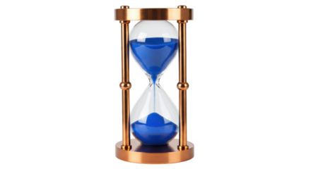 Elegant hourglass with blue sand isolated on transparent background, time management concept for deadlines and productivity
