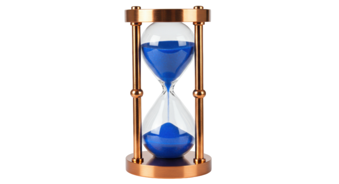 Elegant hourglass with blue sand isolated on transparent background, time management concept for deadlines and productivity