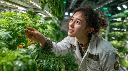 Scientist Harvesting algriculture in High-Tech Greenhouse with Lush Green Plants